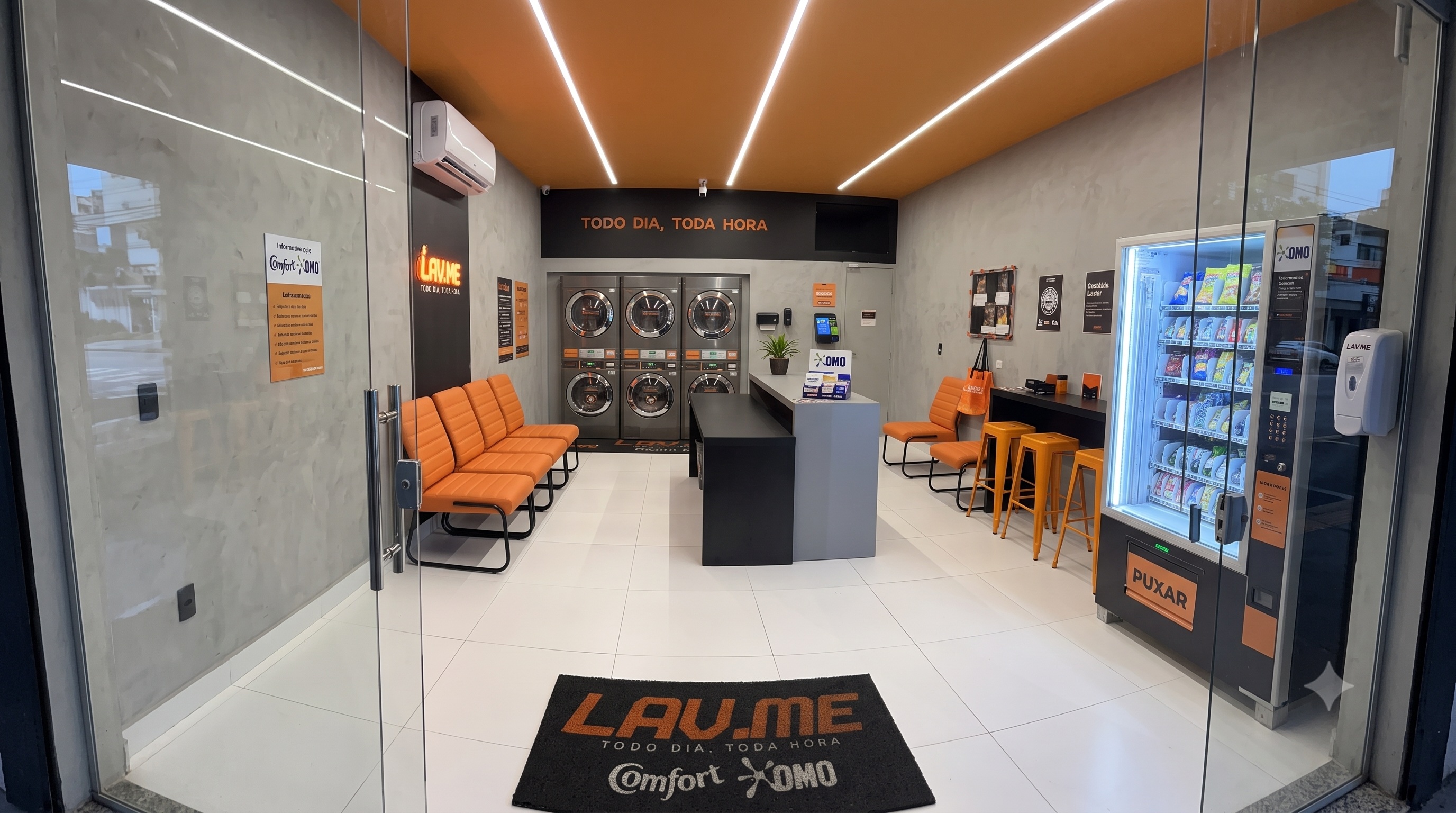 Interior da Lav.me Salvador Pituba com máquinas de autosserviço